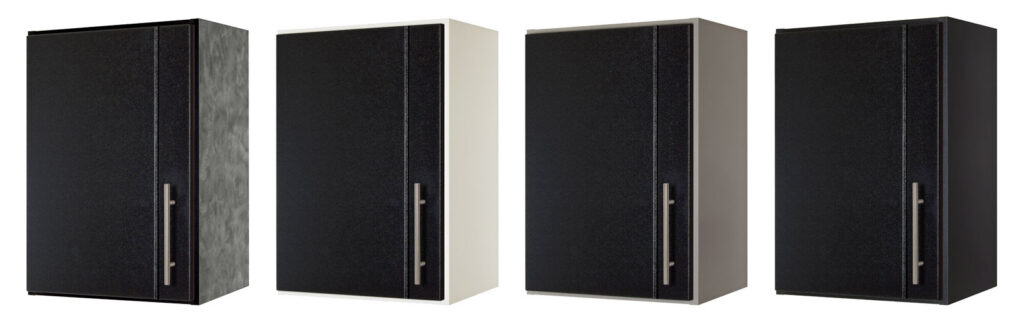Blck powder coat doors with melamine cabinet box colors