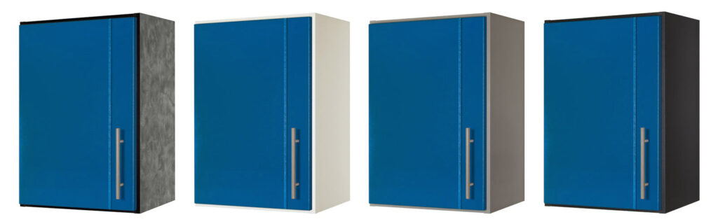 Blue powder coat doors with melamine cabinet box colors