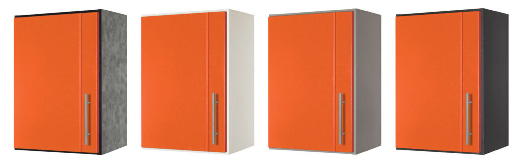 Orange powder coat doors with melamine cabinet box colors
