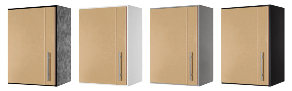 Sandstone powder coat doors with melamine cabinet box colors